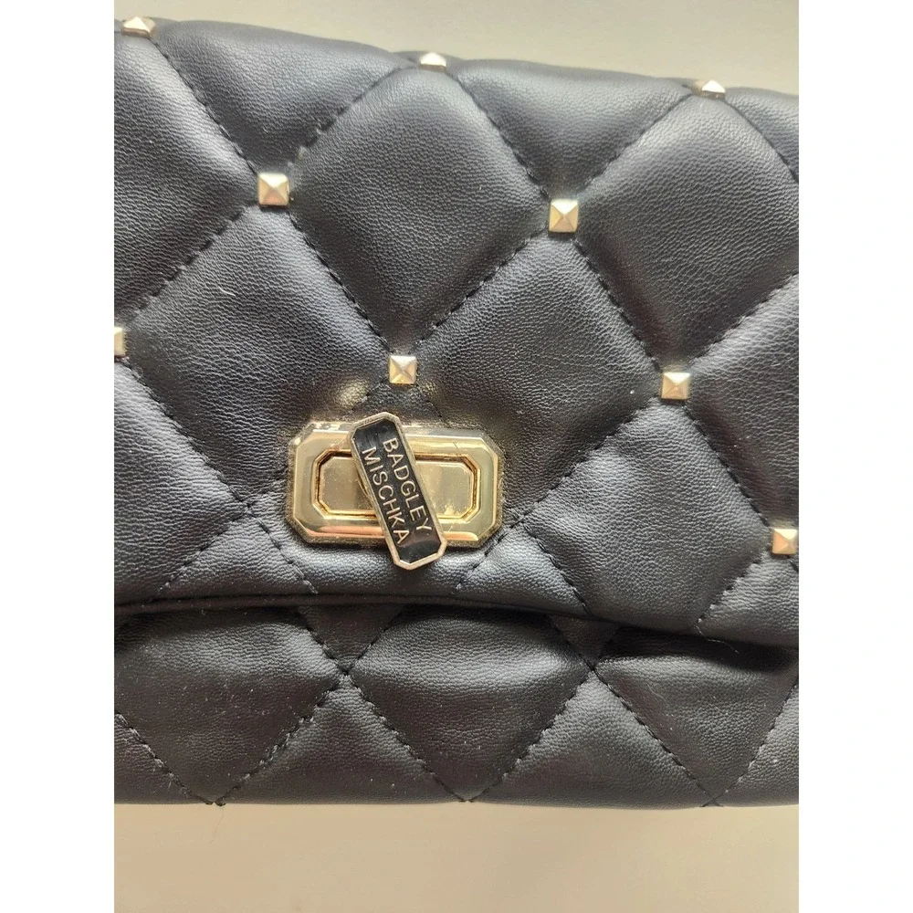 Badgley Mischka Black Quilted Studded Chain Shoulder Bag Evening Glamour - Picture 2 of 5